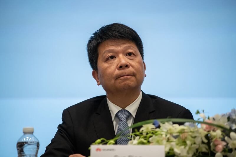 SHENZHEN, CHINA - MARCH 29: GuoPing, Huawei's Rotating Chairman, speaks during a Huawei's 2018 Annual Report at Huawei Technologies Co. headquarters on March 29, 2019 in Shenzhen, China. Huawei, the worlds largest telecommunication equipment maker, reported on Friday its annual profit rose 25% to 59.3 billion yuan ($8.7 billion) despite being at the center of global scrutiny. (Photo by Billy H.C. Kwok/Getty Images)