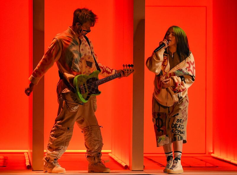 Billie Eilish and Finneas perform during the American Music Awards at the Microsoft Theatre on November 22, 2020 in Los Angeles. AP