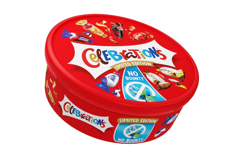 A limited-edition Celebrations tub without Bounty bars. Photo: Mars Wrigley