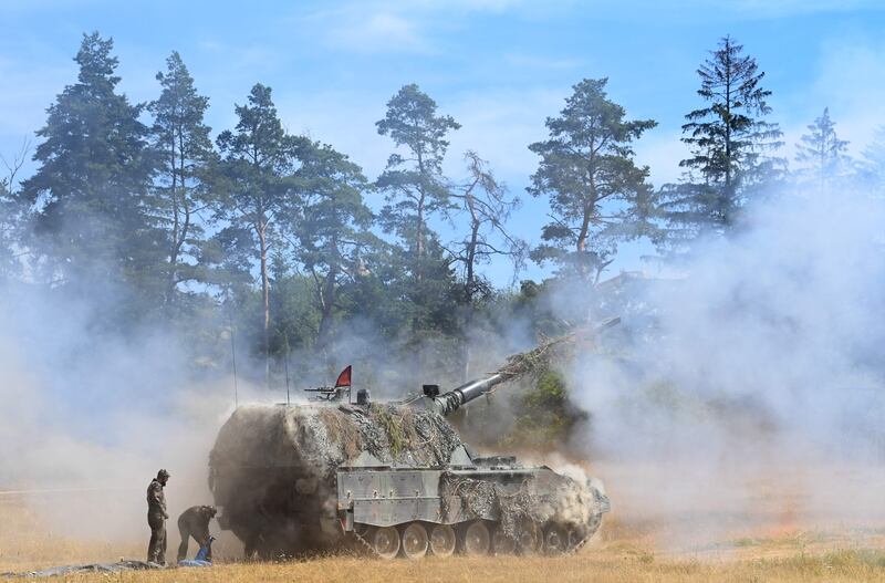 A German Army self-propelled howitzer 2000 in action during a Nato exercise in Grafenwohr, near Eschenbach, southern Germany. AFP