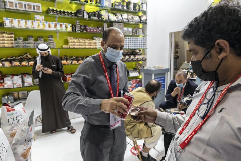 DUBAI, UNITED ARAB EMIRATES. 21 FEBRUARY 2021. Gulf Food Exhibition at the Dubai World Trade Center during the Covid-19 Pandemic. (Photo: Antonie Robertson/The National) Journalist: Georgia Tolley. Section: National.