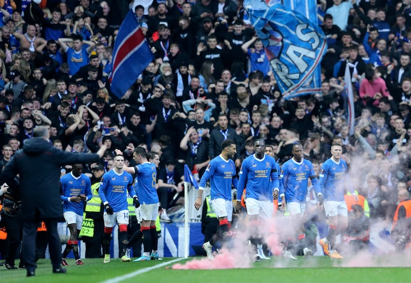 Rangers players celebrate during the match against Leipzig in Glasgow. EPA