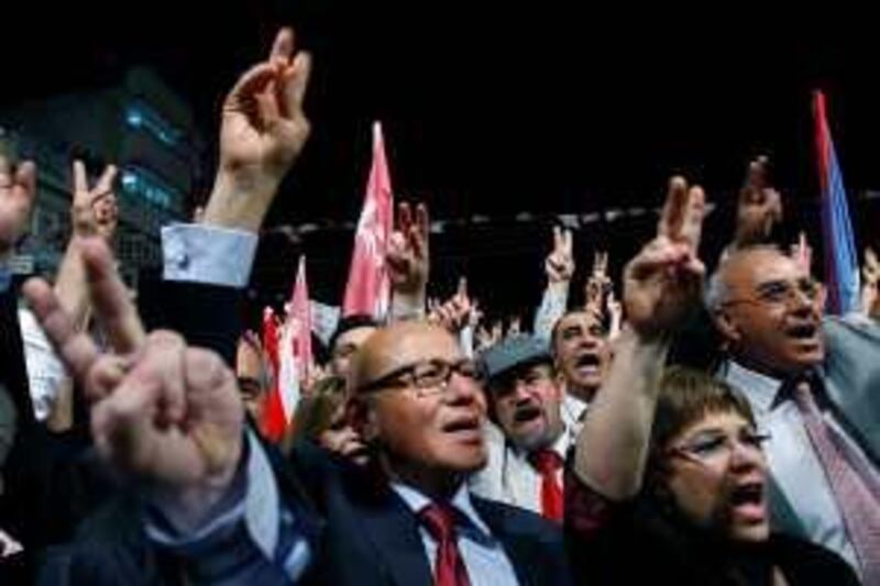 Turkish Cypriot leader and Presidential candidate Mehmet Ali Talat, center, and his wife Oya, right, flash the victory sign with supporters during a final campaign rally  in the northern Turkish occupied area  of the divided capital Nicosia, in Cyprus, Friday, April 16, 2010. Turkish Cypriot elections will take part on Sunday, April 18. (AP Photo/Petros Karadjias) *** Local Caption ***  XPK121_CYPRUS_ELECTIONS.jpg
