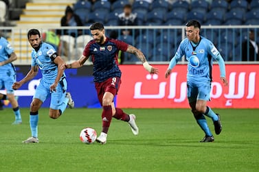 Joao Pedro, with the ball, scored a late winner for Al Wahda to return with full points from Baniyas in the Adnoc Pro League. Photo: PLC