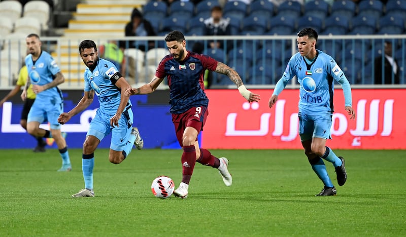 Joao Pedro, with the ball, scored a late winner for Al Wahdain the 1-0 win over Baniyas on Monday, January 23, 2023. Photo: PLC