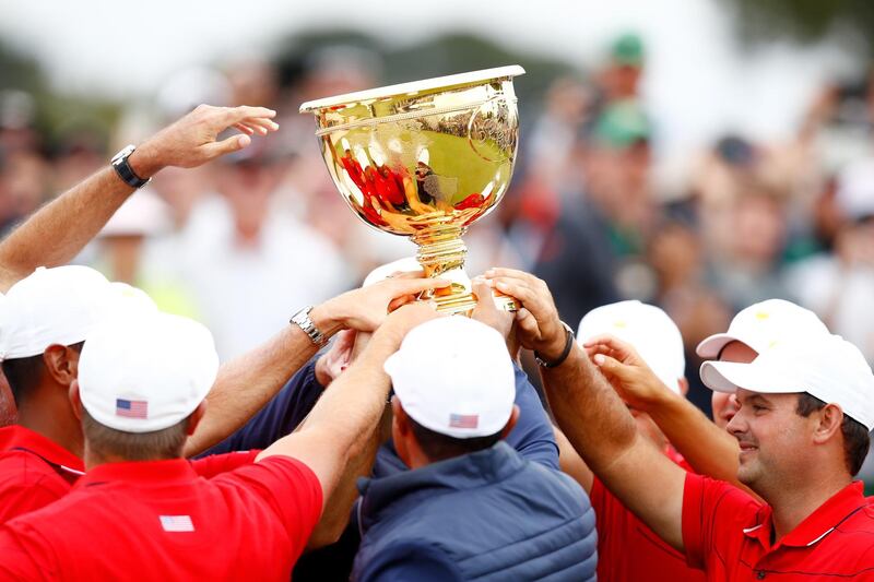 Tiger Woods and the United States team enjoy the win. Getty