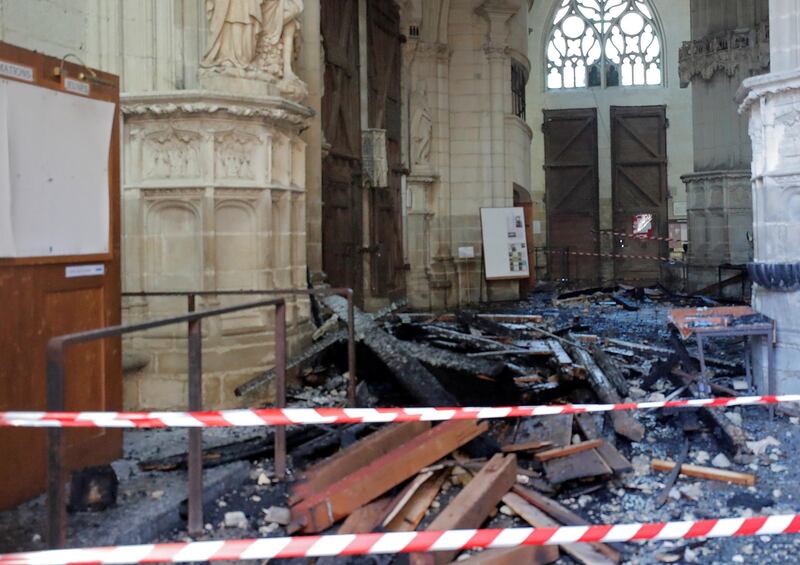 A view of debris from the fire inside the Saint-Pierre-et-Saint-Paul cathedral on July 18, 2020. Reuters