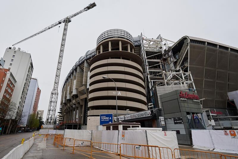 MADRID, SPAIN - MARCH 30: The works at the Santiago BernabÃ©u stadium are stopped by the Coronavirus (COVID-19), due to an increase of confinement by the government on March 30, 2020 in Madrid, Spain. Spain ordered all non-essential workers to stay home for two weeks to help slow the Coronavirus (COVID-19) pandemic, which has killed more than 6,000 people in the country. (Photo by Carlos Alvarez/Getty Images)