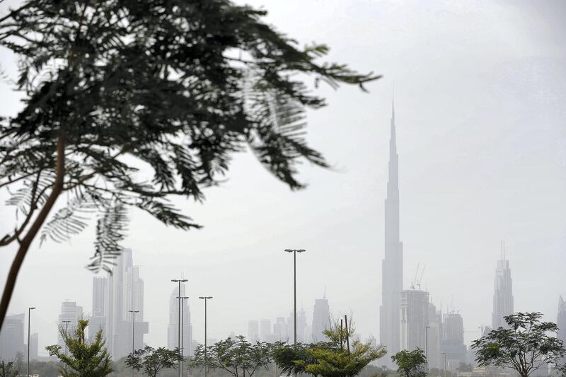 DUBAI, UNITED ARAB EMIRATES , Feb 10  – 2020 :-  View of the Dubai Skyline during the dusty and cloudy weather in Dubai. (Pawan  Singh / The National) For News. 