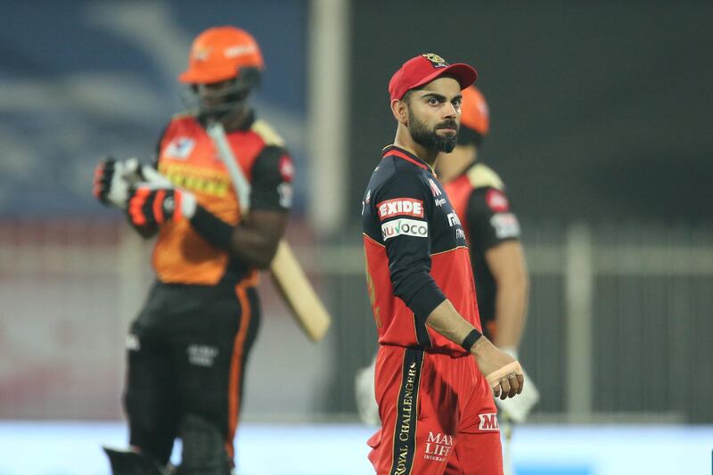 Virat Kohli captain of Royal Challengers Bangalore reacts during match 52 of season 13 of the Dream 11 Indian Premier League (IPL) between the Royal Challengers Bangalore and the Sunrisers Hyderabad held at the Sharjah Cricket Stadium, Sharjah in the United Arab Emirates on the 31st October 2020.  Photo by: Deepak Malik  / Sportzpics for BCCI