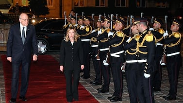 Najib Mikati and Giorgia Meloni during a welcome ceremony at the Government Palace in Beirut. EPA
