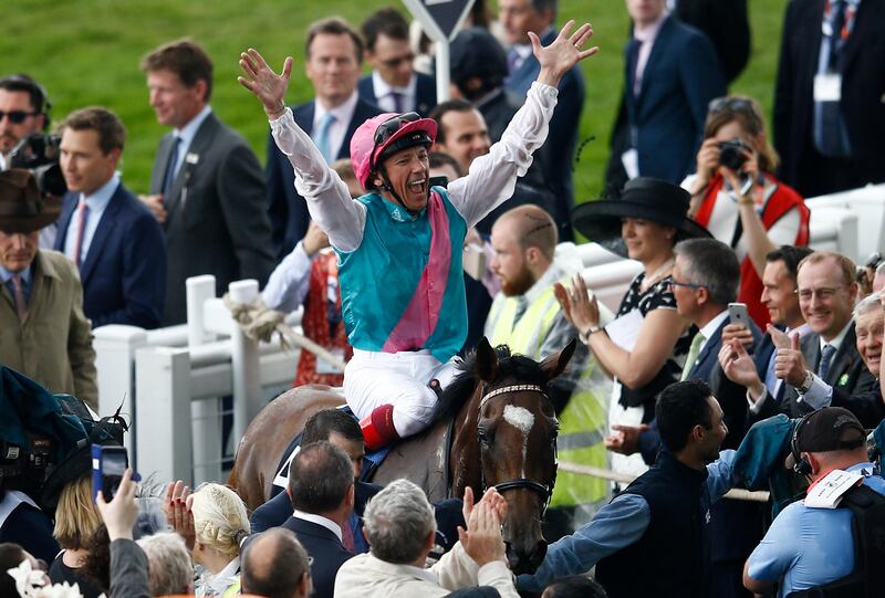 Frankie Dettori on Enable celebrates winning at Royal Ascot on Satuday. Peter Nicholl / Reuters