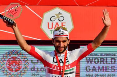 Fernando Gaviria of UAE Team Emirates celebrates winning the second stage of the UAE Tour 2019 in Abu Dhabi. AFP