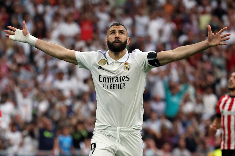 Karim Benzema scored in his final game for Real Madrid on Sunday, converting a penalty in the 1-1 draw against Athletic. AFP