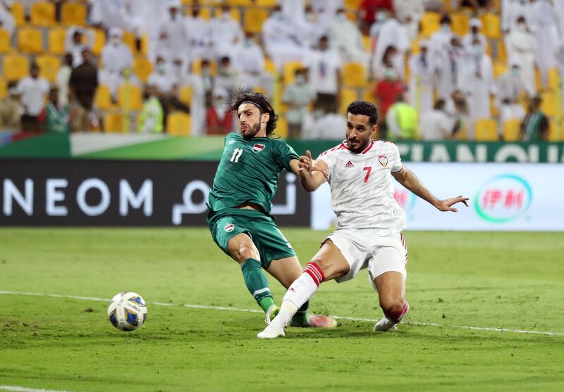 Ali Mabkhout scores a crucial equaliser for the UAE against Iraq in the World Cup qualifier at Zabeel Stadium, Dubai. Chris Whiteoak / The National