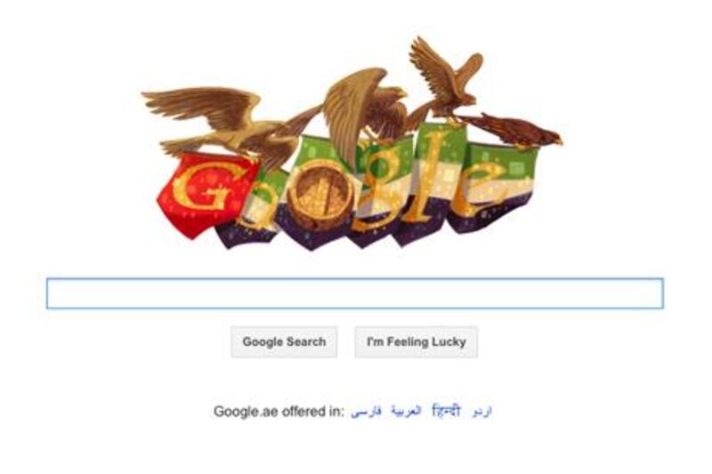 The doodle, in place of the company’s famous logo, features four falcons, each of which is carrying a banner which together make up the UAE flag.
