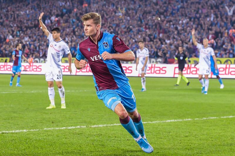 Alexander Sorloth of Trabzonspor AS celebrate his goal during the Turkish Spor Toto Super Lig match between Trabzonspor AS and Besiktas AS at the Senol Gunes stadium on September 29, 2019 in Trabzon, Turkey(Photo by VI Images via Getty Images)
