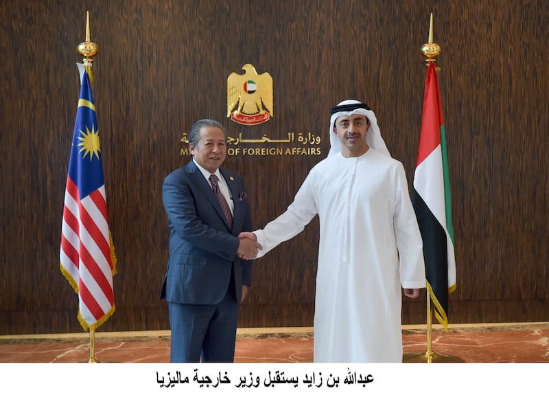 Foreign Minister Sheikh Abdullah bin Zayed receives his Malaysian counterpart, Anifah Aman, in Abu Dhabi. The two leaders discussed the friendship and cooperation between the two countries. Wam