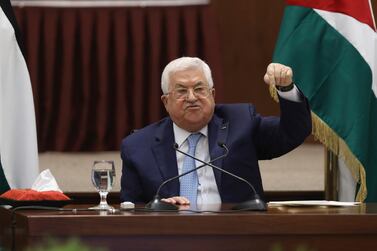 Palestinian President Mahmoud Abbas heads a leadership meeting at his headquarters, in the West Bank city of Ramallah, on May 19, 2020. AP
