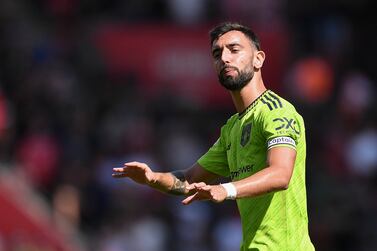 Bruno Fernandes of Manchester United gestures during the English Premier League soccer match between Southampton FC and Manchester United in Southampton, Britain, 27 August 2022.   EPA/VINCE MIGNOTT EDITORIAL USE ONLY.  No use with unauthorized audio, video, data, fixture lists, club/league logos or 'live' services.  Online in-match use limited to 120 images, no video emulation.  No use in betting, games or single club / league / player publications