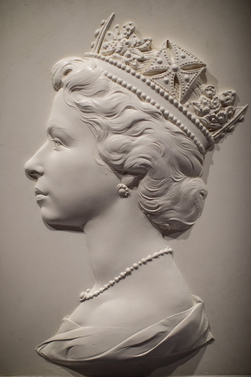 The 1963 plaster cast known as the 'Dressed Head' by Arnold Machin, provided the portrait of Queen Elizabeth II to be used on British stamps from 1967. The image is a part of the Platinum Jubilee: The Queen's Coronation exhibition. Getty Images