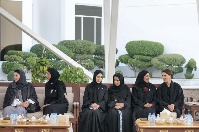 ABU DHABI, UNITED ARAB EMIRATES - December 04, 2018: HE Noura Mohamed Al Kaabi UAE Minister of Culture and Knowledge Development (2nd L), HE Shamma Suhail Al Mazrouei, UAE Minister of State for Youth Affairs (3rd L), HE Dr Maitha Salem Al Shamsi, UAE Minister of State (4th L), HE Hessa Essa Buhumaid, UAE Minister of Community Development (5th L), and HE Mariam Mohamed Saeed Hareb Al Mehairi, UAE Minister of State for Food Security (R), attend a Sea Palace barza.
( Ryan Carter / Ministry of Presidential Affairs )
���