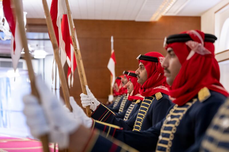 The Bahrain Guard of Honour stand at attention before the arrival of President Sheikh Mohamed.