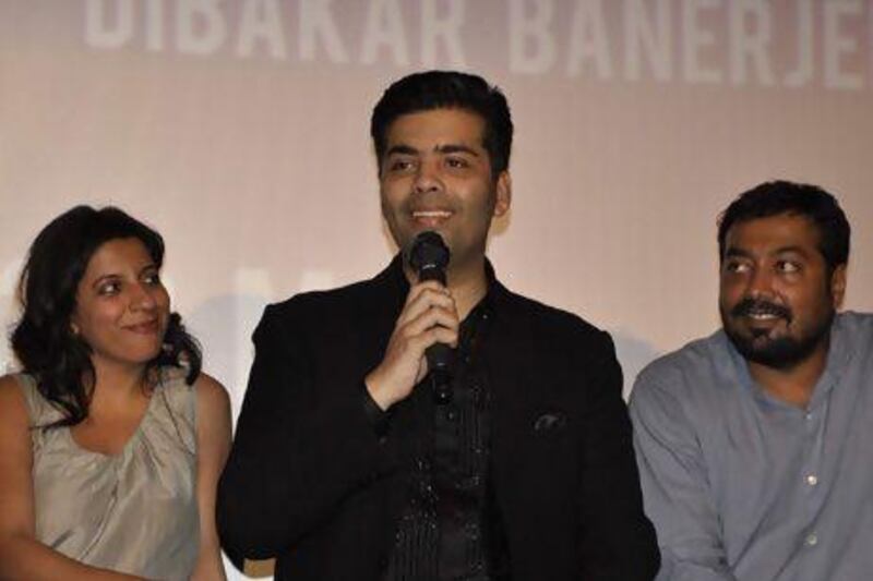 Bollywood Fimmakers Dibakar Banerjee, Zoya Akhtar and Karan Johar during unveiling of the trailer of Bombay Talkies. IANS