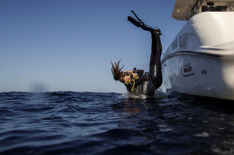 Researcher Michelle Havlik of Australia dives into the water during a research trip in the Red Sea, offshore of the King Abdullah University of Science and Technology, near Jeddah, Saudi Arabia. Reuters