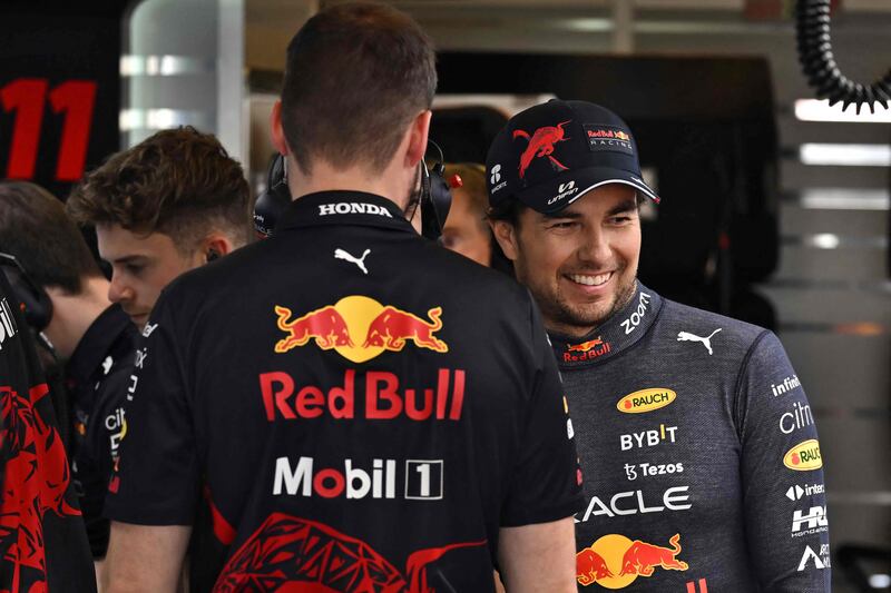 Red Bull's Mexican driver Sergio Perez in the pits during the first practice session. AFP