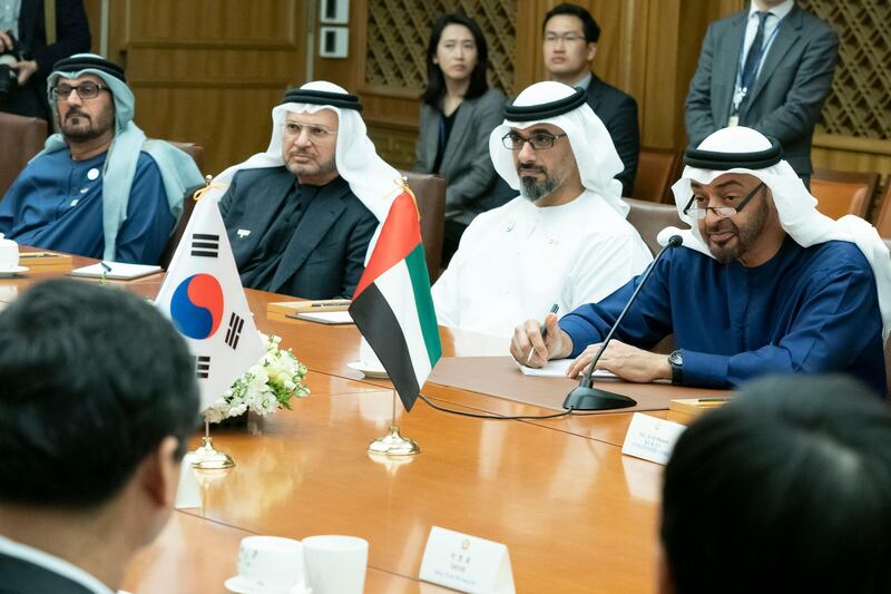SEOUL, REPUBLIC OF KOREA (SOUTH KOREA) - February 26, 2019: (R-L) HH Sheikh Mohamed bin Zayed Al Nahyan, Crown Prince of Abu Dhabi and Deputy Supreme Commander of the UAE Armed Forces, HH Major General Sheikh Khaled bin Mohamed bin Zayed Al Nahyan, Deputy National Security Adviser, HE Dr Anwar bin Mohamed Gargash, UAE Minister of State for Foreign Affairs and HE Hussain Ibrahim Al Hammadi, UAE Minister of Education, attend a meeting with HE Moon Hee-sang, Speaker of the National Assembly (not shown), at the National Assembly Building of the Republic of Korea (South Korea). 

( Hamad Al Mansoori / Ministry of Presidential Affairs )
---
