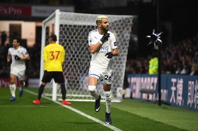 WATFORD, ENGLAND - DECEMBER 26:  Riyad Mahrez of Leicester City celebrates scoring the opening goal during the Premier League match between Watford and Leicester City at Vicarage Road on December 26, 2017 in Watford, England.  (Photo by Michael Regan/Getty Images)