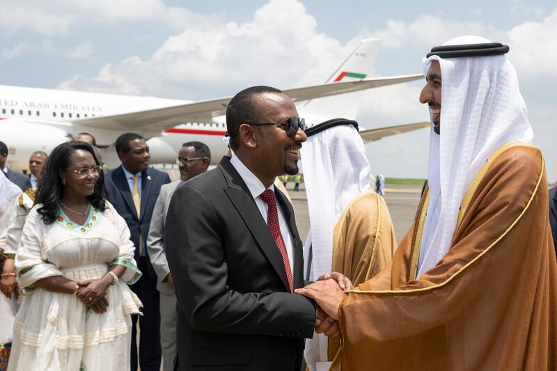 Sheikh Shakhbout bin Nahyan, Minister of State, is welcomed by Mr Abiy