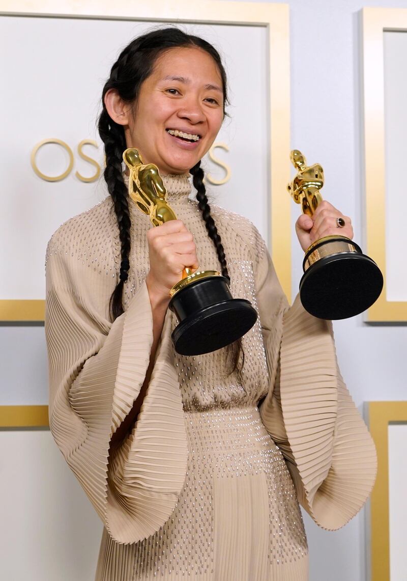 Best Director: Chloe Zhao, for 'Nomadland,' poses in the press room at the Oscars on Sunday, April 25, 2021, at Union Station in Los Angeles. EPA
