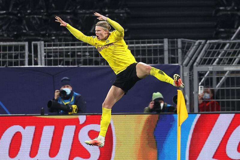 Erling Haaland of Borussia Dortmund celebrates after scoring his side's second goal from the penalty spot. EPA