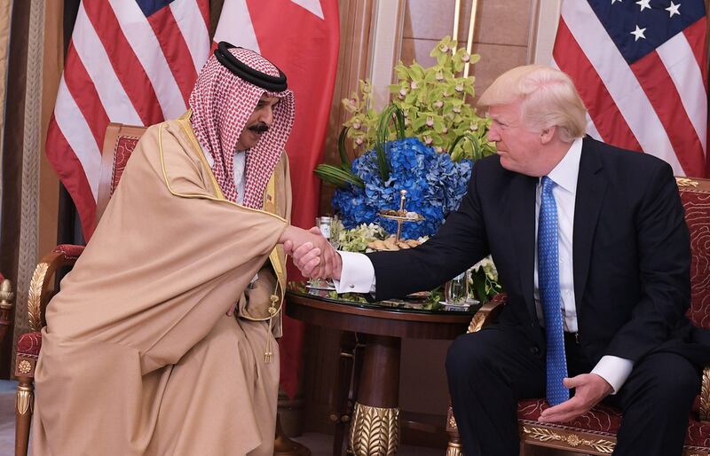 US president Donald Trump, right, and Bahrain’s King Hamad bin Isa Al Khalifa take part in a bilateral meeting at a hotel in Riyadh on May 21, 2017. Mandel Ngan / AFP