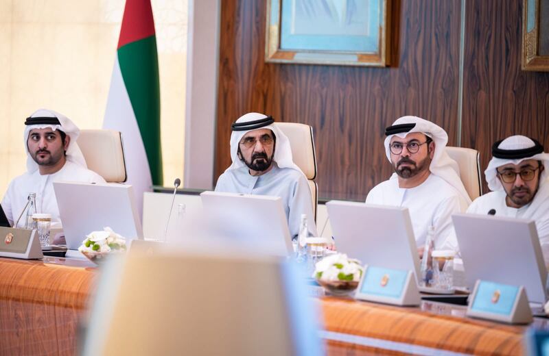 Sheikh Mohammed bin Rashid and ministers at the cabinet meeting. Dubai Media Office