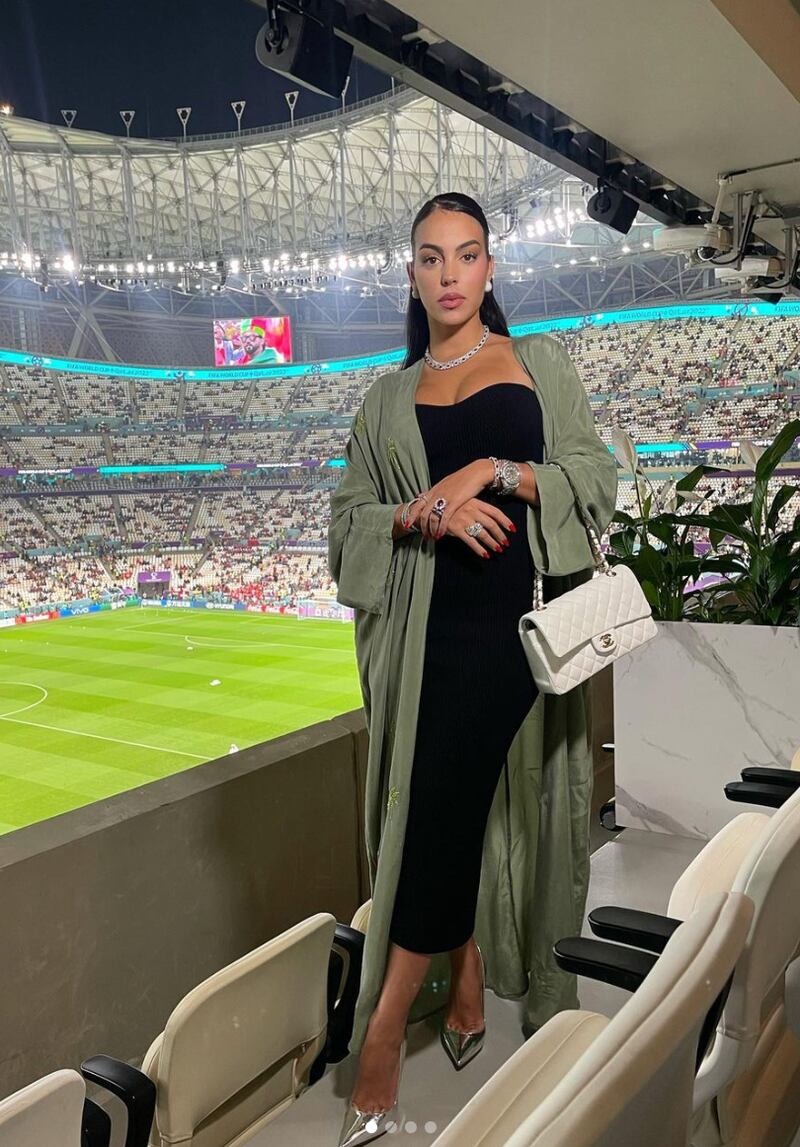 Cristiano Ronaldo's long-term partner Georgina Rodriguez wears an abaya by a Qatari label to a World Cup match. Photo: Instagram / @georginagio