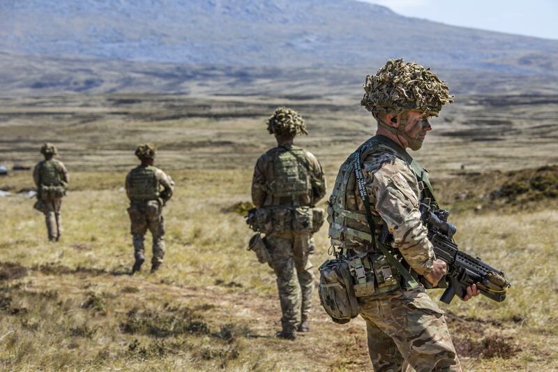 British soldiers take part in a training exercise on the Falkland Islands 40 years on from the war. Photo: Ministry of Defence