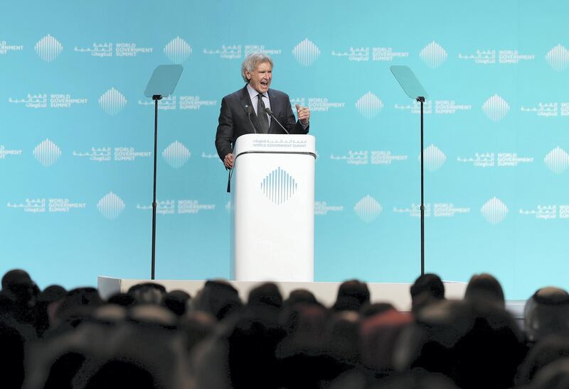 Dubai, United Arab Emirates - February 12, 2019: Harrison Ford speaks during day 2 at the World Government Summit. Tuesday the 12th of February 2019 at Madinat, Dubai. Chris Whiteoak / The National