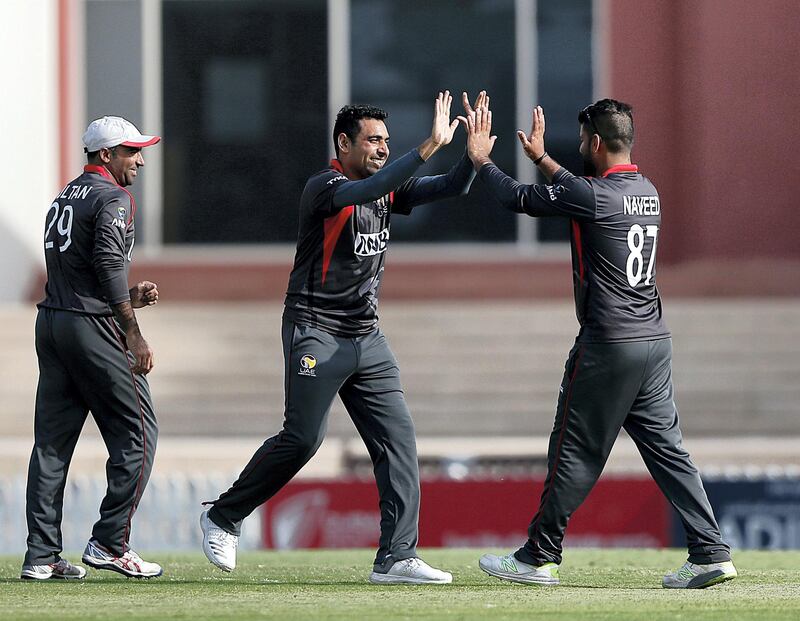 Dubai, March, 16, 2019:  UAE team players celebrates the dismissal during their match against USA in the T20 match at the ICC Academy in Dubai. Satish Kumar/ For the National / Story by Paul Radley