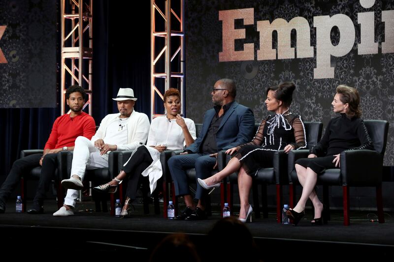 Jussie Smollett, from left, Terrence Howard, Taraji P. Henson, Lee Daniels, Sanaa Hamri and Ilene Chaiken participate in the "Empire" panel during the FOX Television Critics Association Summer Press Tour at the Beverly Hilton on Tuesday, Aug. 8, 2017, in Beverly Hills, Calif. (Photo by Willy Sanjuan/Invision/AP)