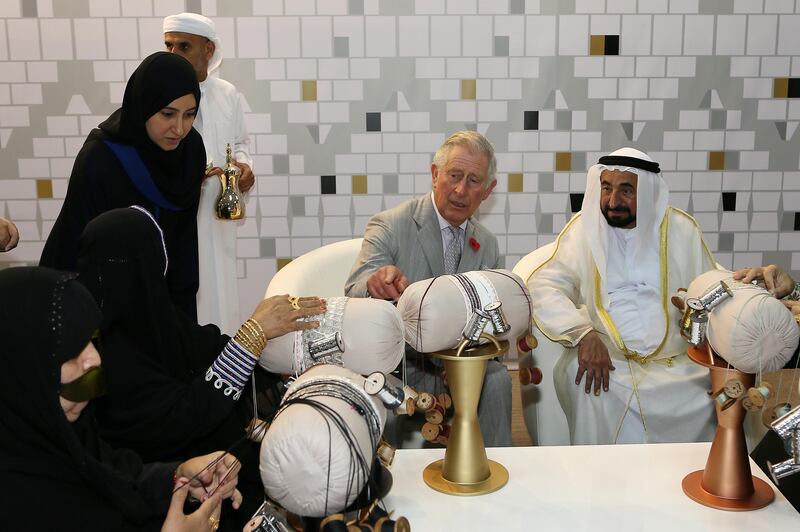 SHARJAH, UNITED ARAB EMIRATES - November 08, 2016: HH Dr Sheikh Sultan bin Mohamed Al Qasimi, UAE Supreme Council Member and Ruler of Sharjah (R) and HRH Prince Charles Prince of Wales (2nd R), visit the ICCROM-ATHAR Regional Conservation Centre in Sharjah.

( Pawan Singh for Crown Prince Court - Abu Dhabi ) *** Local Caption ***  20161108_PS_05 (1).jpg