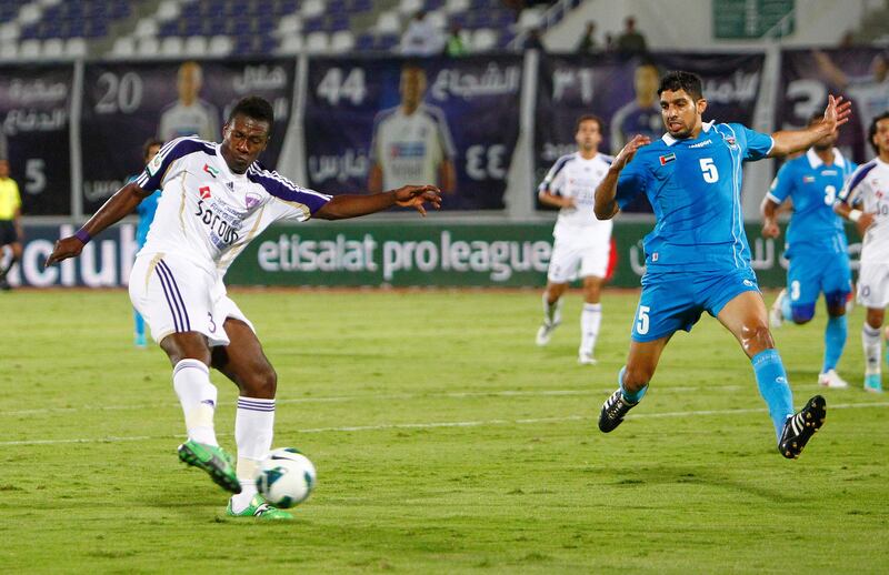 Asamoah Gyan of Al Ain scores his side's fourth goal during the Etisalat Pro League match between Dibba Al Fujairah and Al Ain at Khalifa bin Zayed Stadium, Al Ain on the 21st October 2012. Credit: Jake Badger for The National


