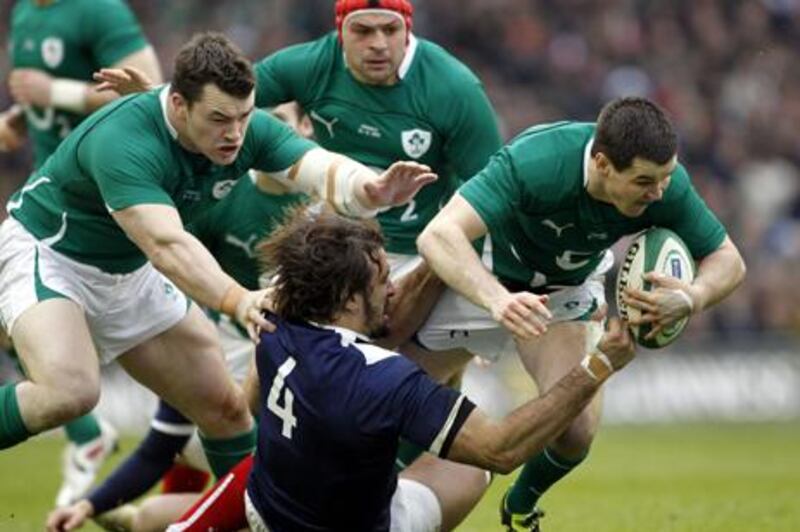  Ireland's Jonathan Sexton, right, is tackled by France's Julien Pierre during their Six Nations international rugby union match at the Aviva Stadium, Dublin, Ireland Sunday, Feb. 13, 2011. (AP Photo/Peter Morrison)