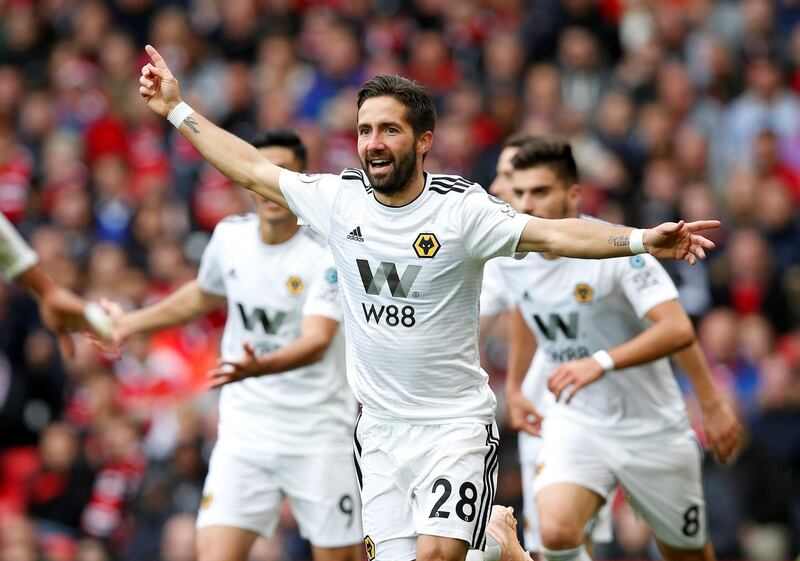 Soccer Football - Premier League - Manchester United v Wolverhampton Wanderers - Old Trafford, Manchester, Britain - September 22, 2018  Wolverhampton Wanderers' Joao Moutinho celebrates scoring their first goal          REUTERS/Andrew Yates  EDITORIAL USE ONLY. No use with unauthorized audio, video, data, fixture lists, club/league logos or "live" services. Online in-match use limited to 75 images, no video emulation. No use in betting, games or single club/league/player publications.  Please contact your account representative for further details.