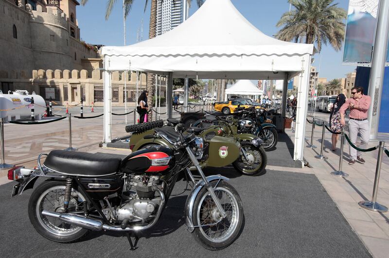 Dubai, United Arab Emirates - March 7, 2013.  Classic motorcycles at 5th Emirates Classic Car Festival along Mohammed Bin Rashid boulevard.  ( Jeffrey E Biteng / The National )