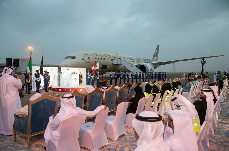 The World Games Flame of Hope arrives in Abu Dhabi from Athens, carried by the national airline of the UAE, Etihad Airways. Courtesy Etihad