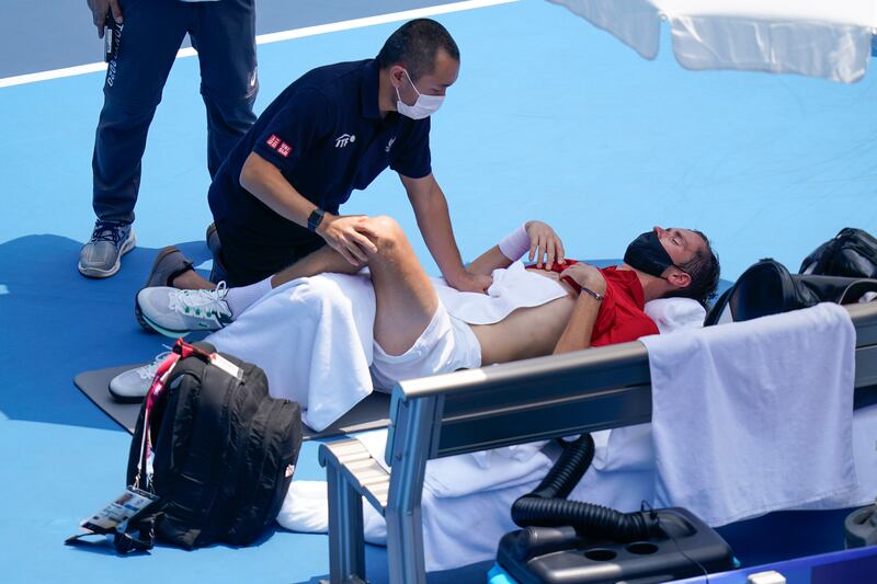 Daniil Medvedev is tended to during the medical timeout.