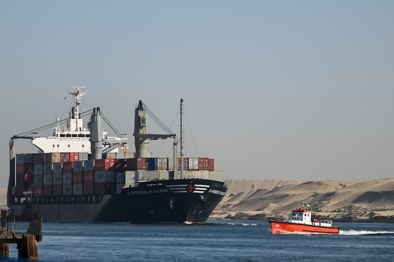A ship in the Suez Canal heading towards the Red Sea in Ismailia, Egypt. Houthi rebels in Yemen have pledged to disrupt all shipping destined for Israel through the Red Sea and the Suez Canal. Getty Images